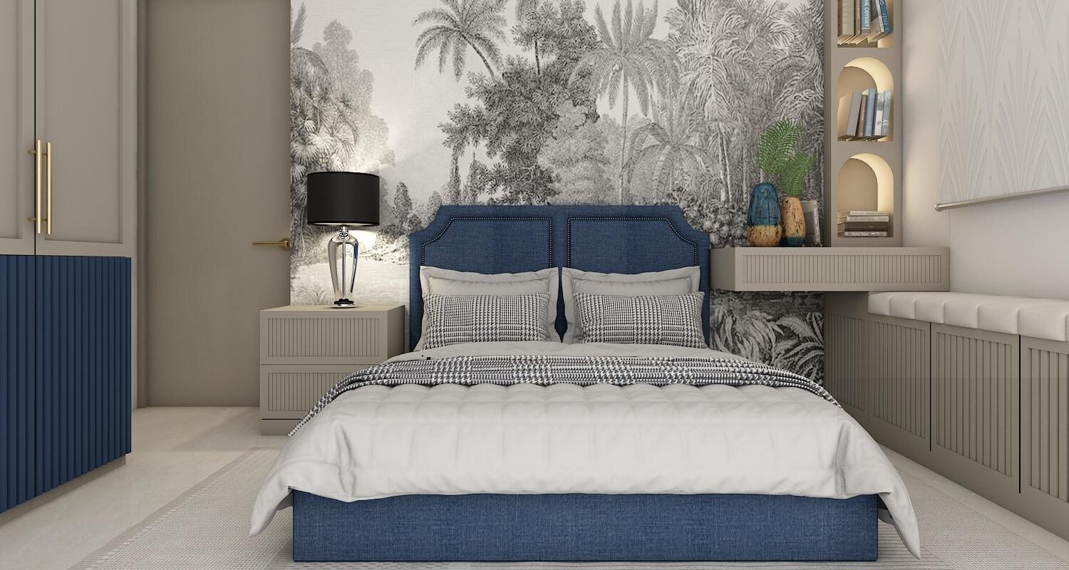 3D bedroom interior design with tropical wall mural – SB Square Projects, Pune