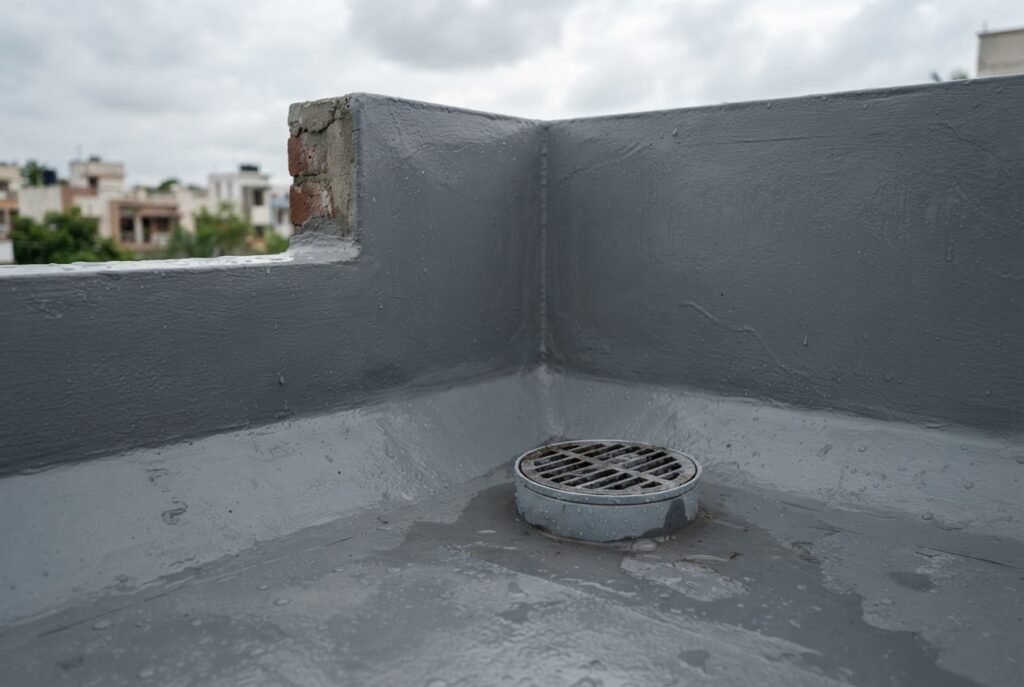 Waterproofed terrace corner with coving at the parapet joint and a rainwater outlet (illustrative image)