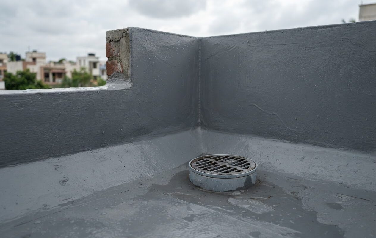 Waterproofed terrace corner with coving at the parapet joint and a rainwater outlet (illustrative image)