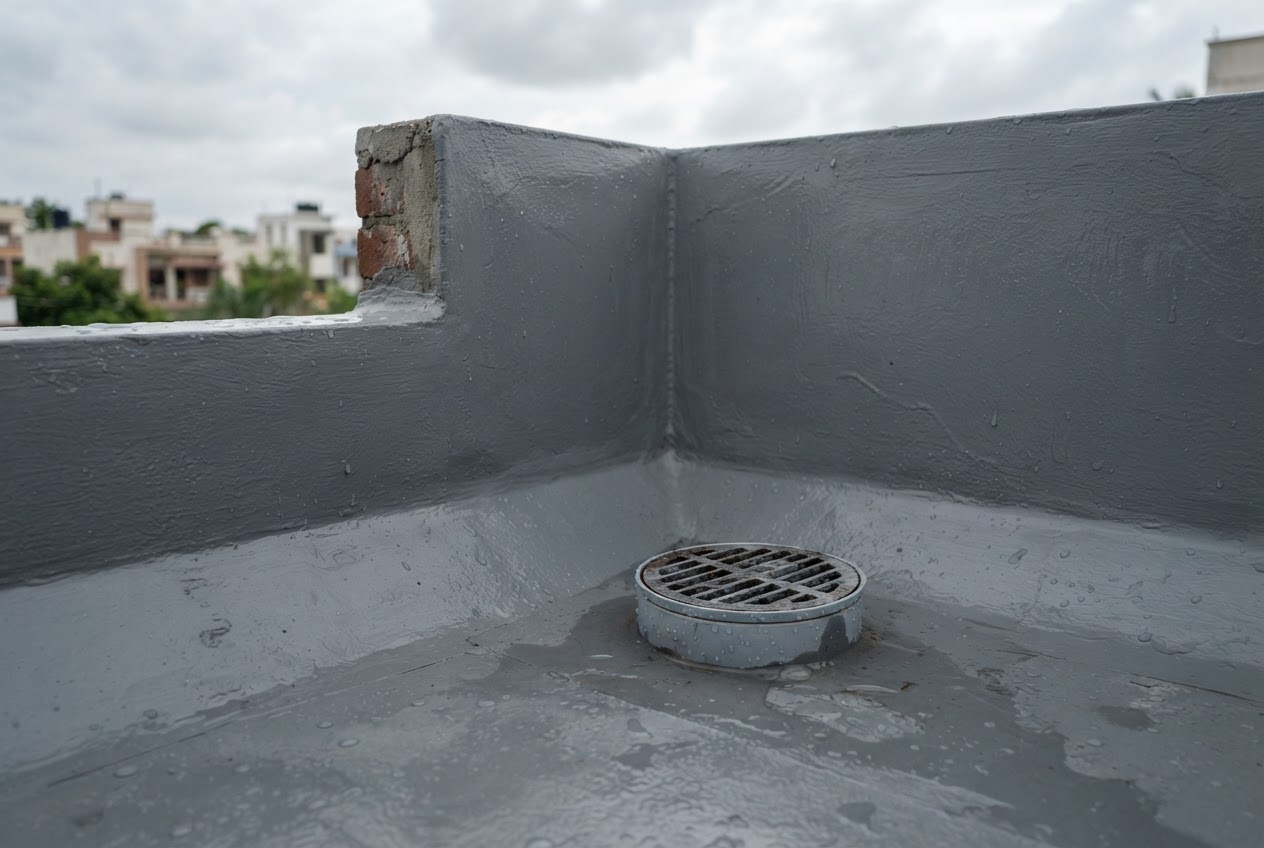Waterproofed terrace corner with coving at the parapet joint and a rainwater outlet (illustrative image)