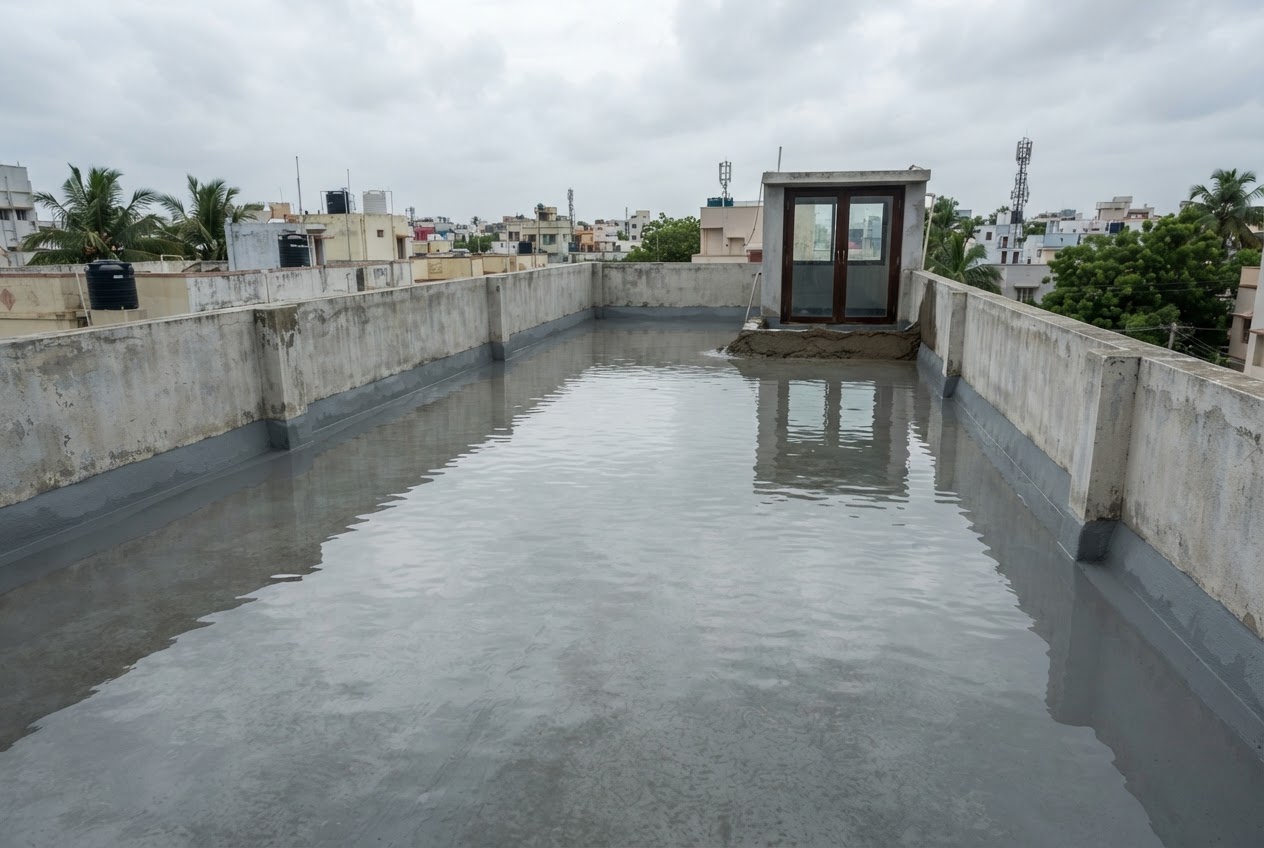 Ponding (flood) test on a waterproofed terrace before handover (illustrative image)