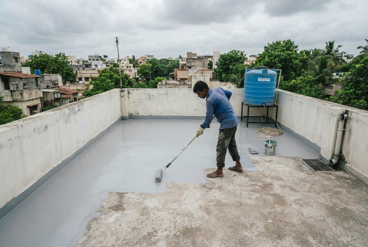 Worker applying liquid waterproofing coating on a house terrace in Pune (illustrative image)