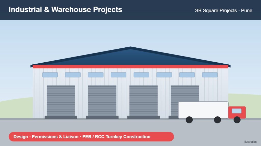 Illustration of a PEB industrial warehouse – warehouse design, permissions and turnkey construction by SB Square Projects, Pune
